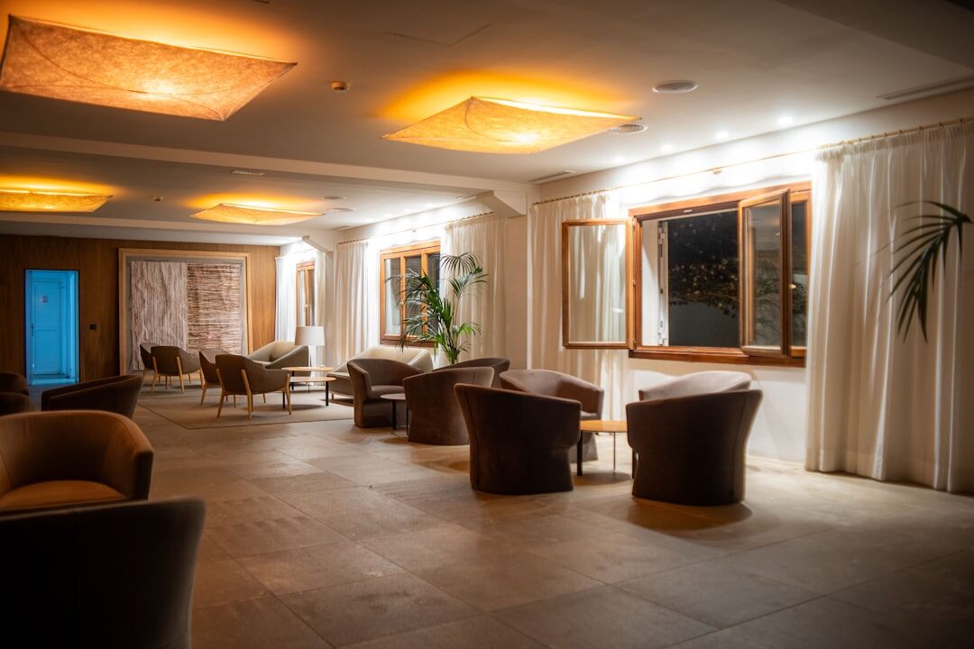 Elegant Danish hotel lobby with soft lighting